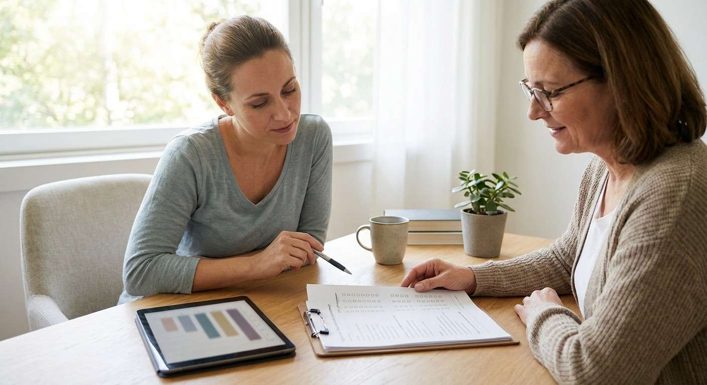 یک درمانگر در حال بررسی نتایج پرسشنامه کیفیت زندگی با مراجع خود.