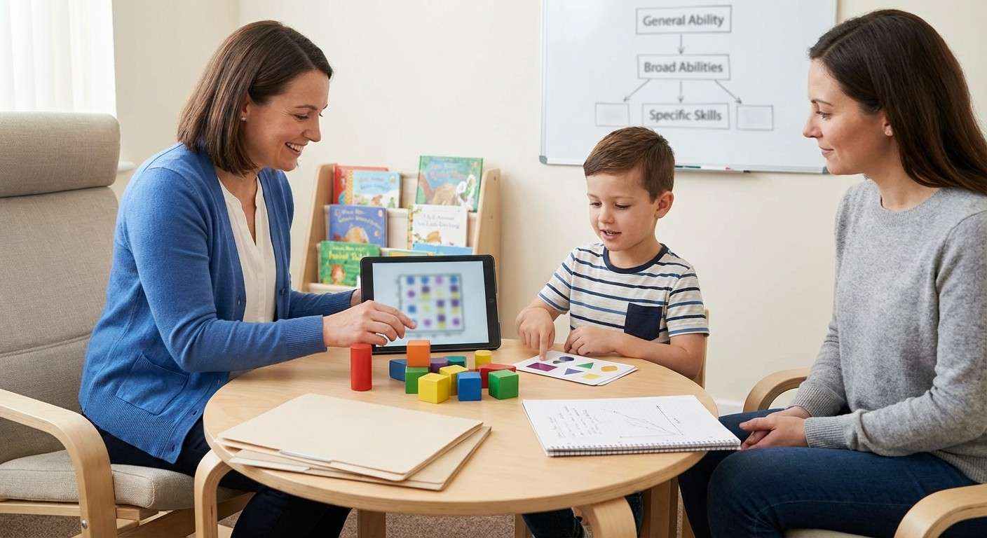 یک نمودار مفهومی که ساختار سلسله‌مراتبی نظریه CHC را نشان می‌دهد، از هوش عمومی در بالا تا توانایی‌های خاص در پایین.