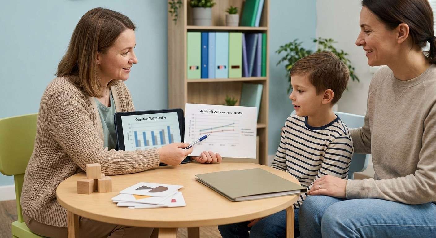 یک روانشناس در حال مقایسه دو نمودار، یکی مربوط به توانایی شناختی و دیگری مربوط به پیشرفت تحصیلی یک دانش‌آموز.