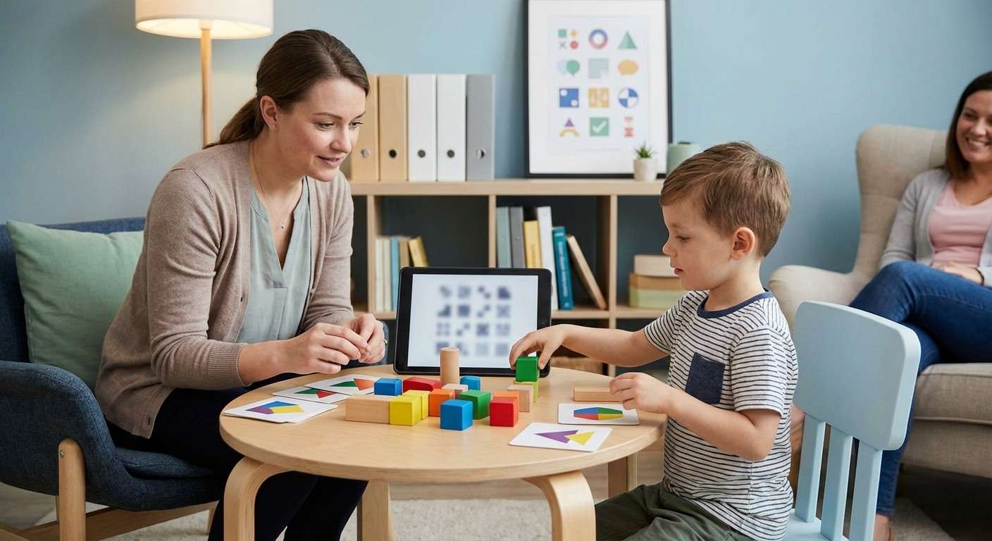 یک روانشناس کودک با مهربانی در حال انجام یک فعالیت بازی‌گونه با یک کودک خردسال در یک اتاق مشاوره.