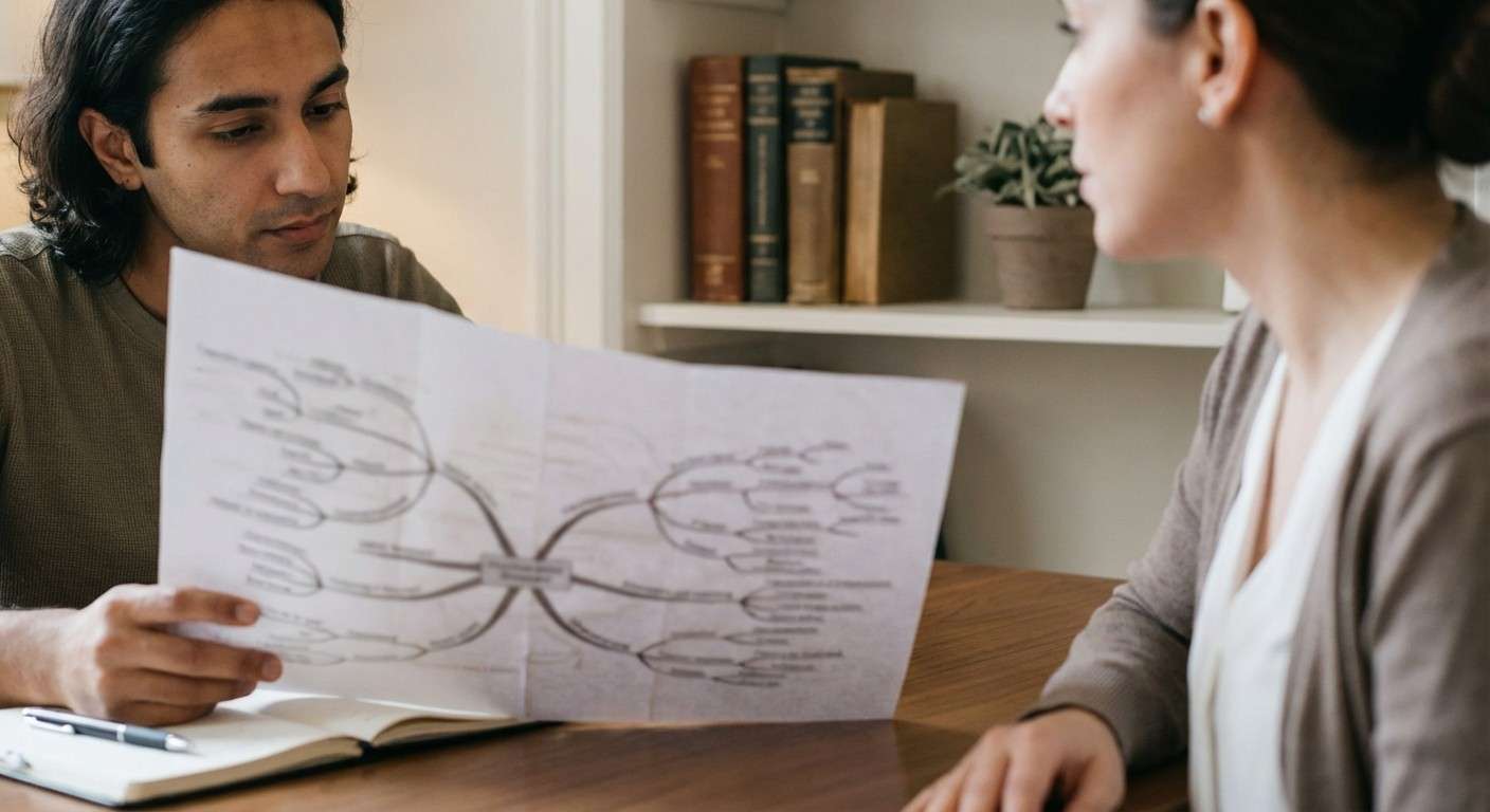 فردی که به یک نقشه پیچیده نگاه می‌کند، نمادی از پرسشنامه طرحواره یانگ به عنوان نقشه راه درمانی.