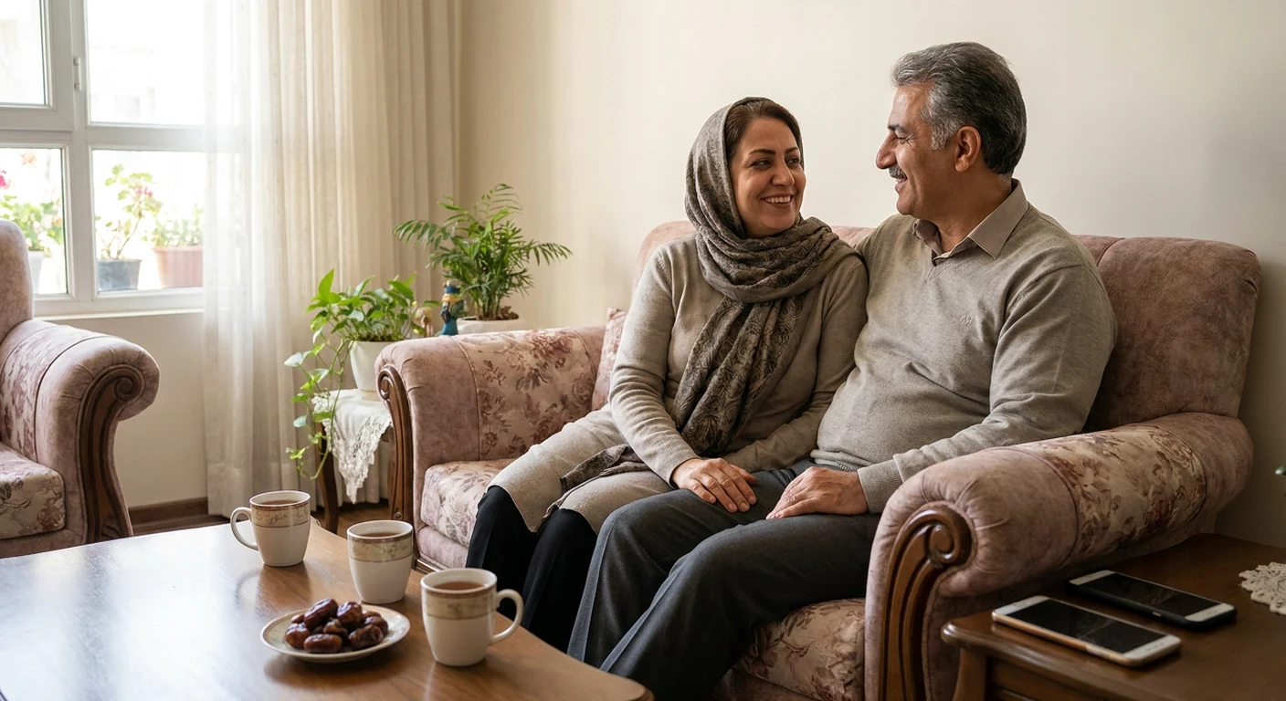 زوجی در حال گفتگوی صمیمی روی کاناپه و بدون استفاده از موبایل، که نشاندهنده ارتباط هدفمند است.