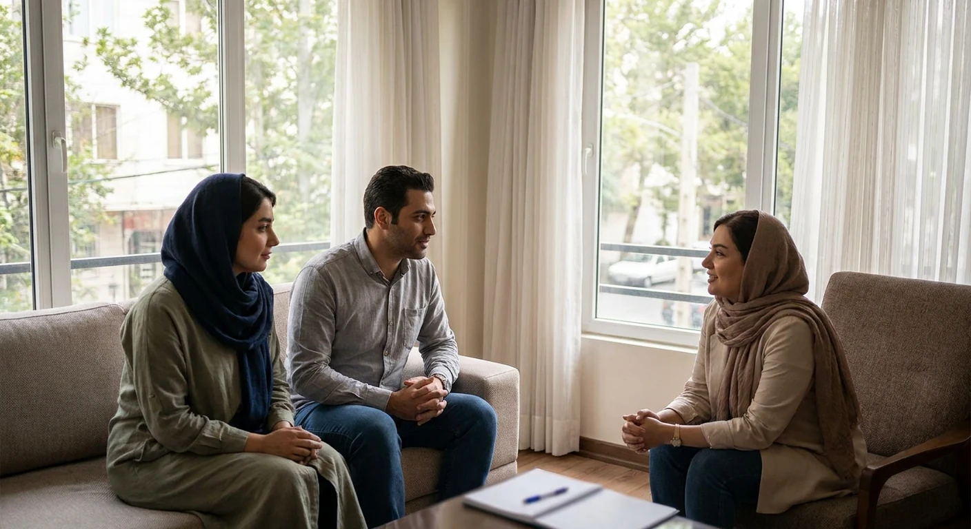 یک زوج جوان که در کافهای نشستهاند و با لبخند در حال گفتگو هستند، نمادی از انتقال موفقیتآمیز رابطه از فضای آنلاین به دنیای واقعی.