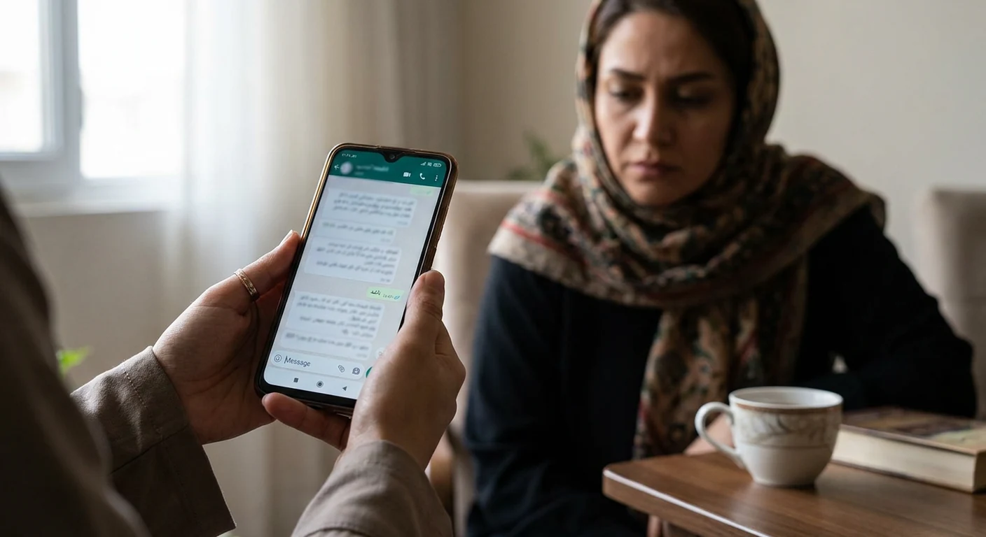 نمایی نزدیک از صفحه گوشی که یک مکالمه متنی مبهم را نشان میدهد و فردی با حالتی نگران به آن نگاه میکند.