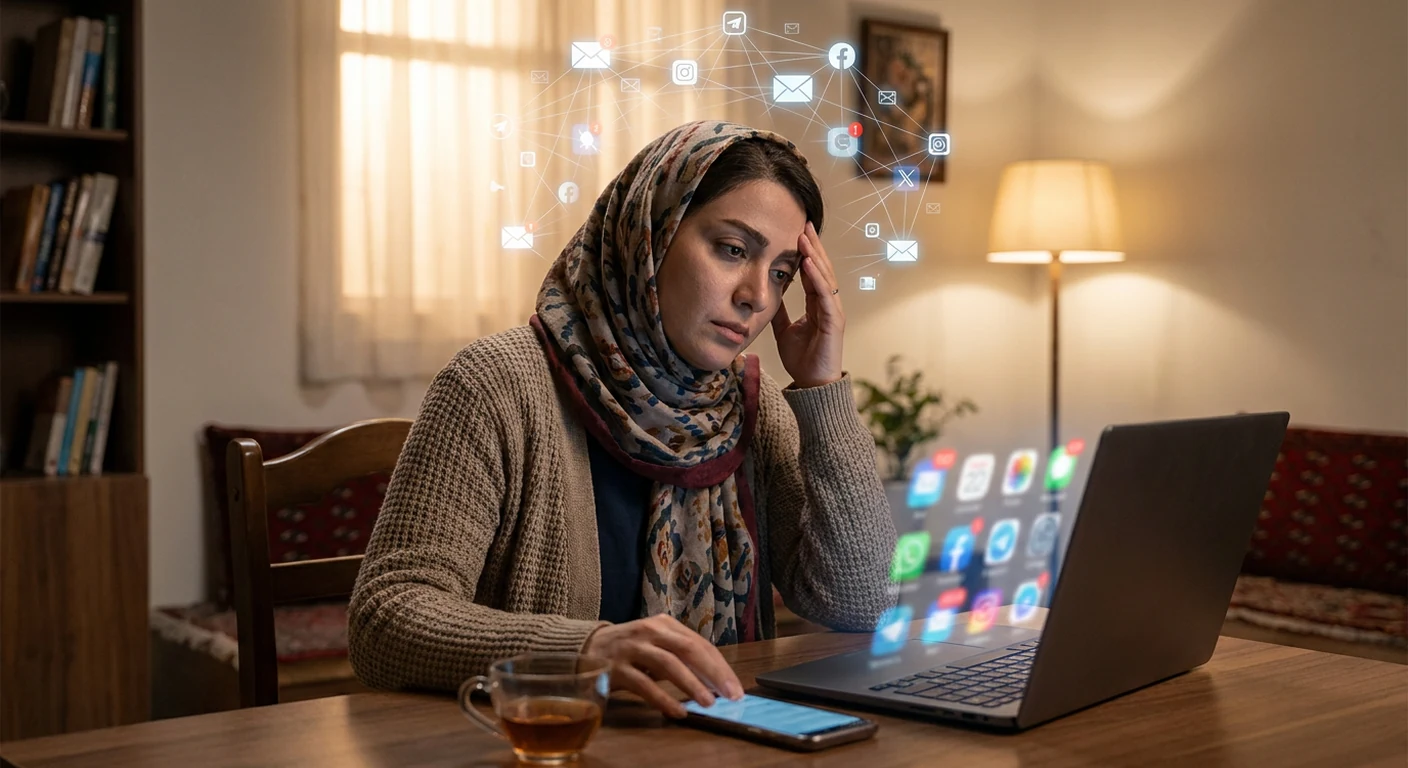 تصویر مفهومی از مغز انسان که با سیمها و آیکونهای دیجیتال در هم تنیده شده و نشاندهنده تاثیر فناوری بر روان است.