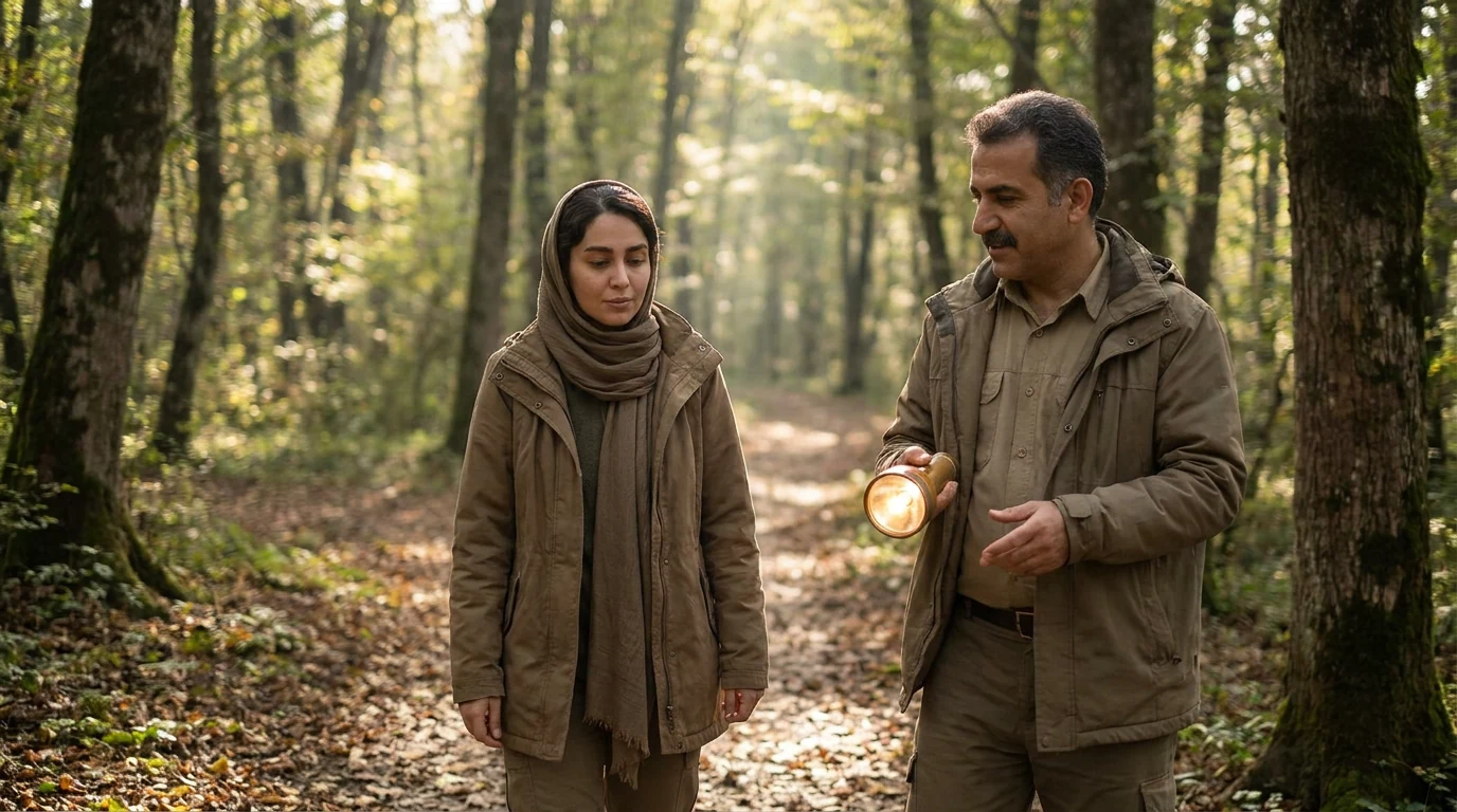 فردی که در مسیری جنگلی توسط یک راهنمای دلسوز همراهی میشود و نماد نقش راهنما در رواندرمانی است.