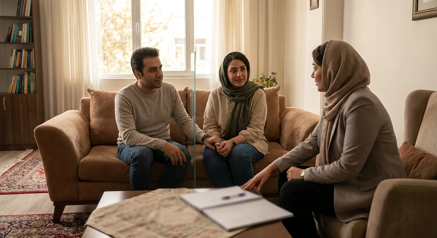 یک زوج که روی مبل از هم فاصله گرفتهاند و هر کدام در دنیای خودشان هستند، نمادی از قطع ارتباط عاطفی ناشی از ADHD.