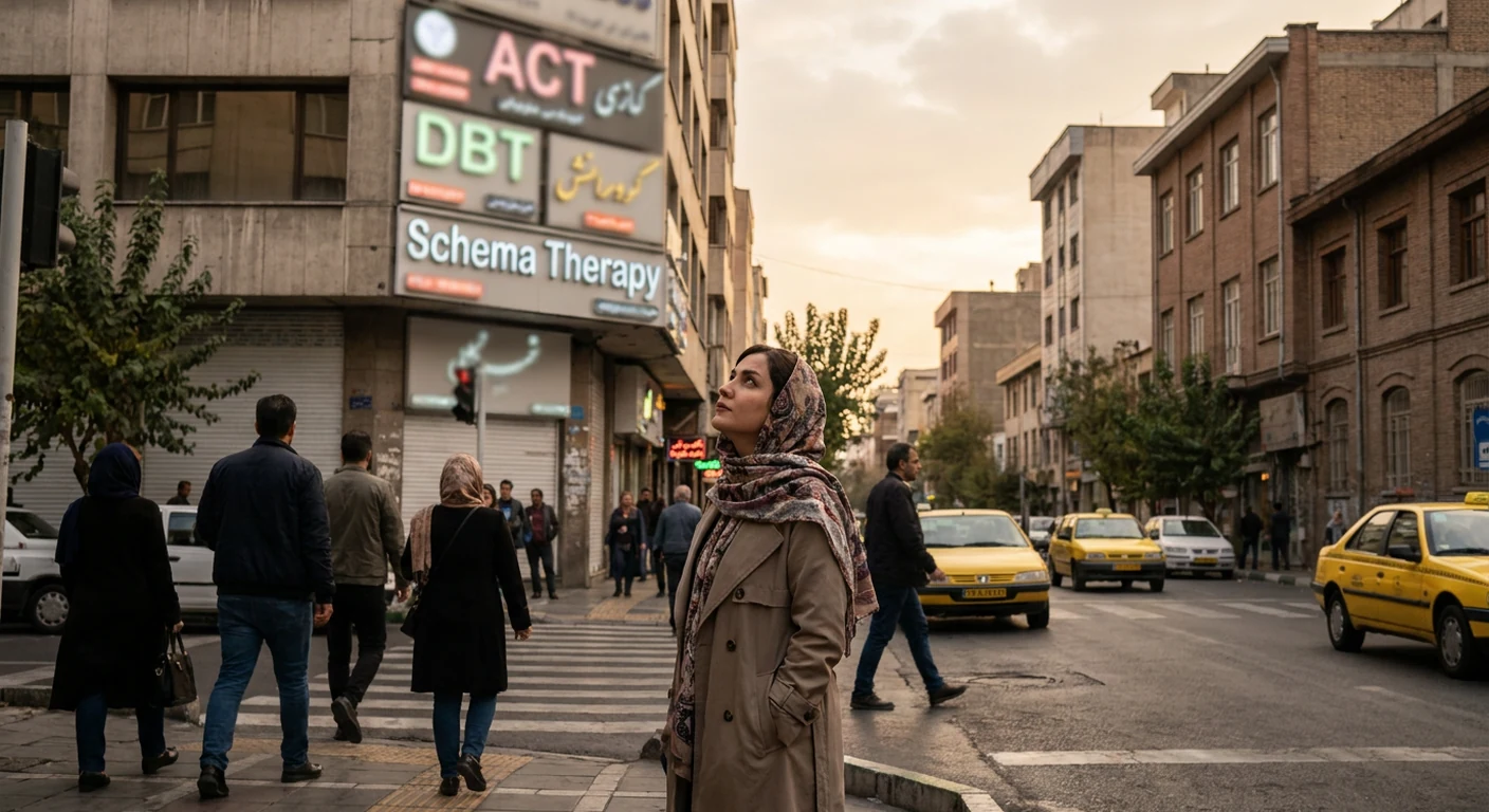 فردی که در یک چهارراه ایستاده و به تابلوهای راهنمایی با نامهای ACT, DBT, Schema Therapy نگاه میکند.