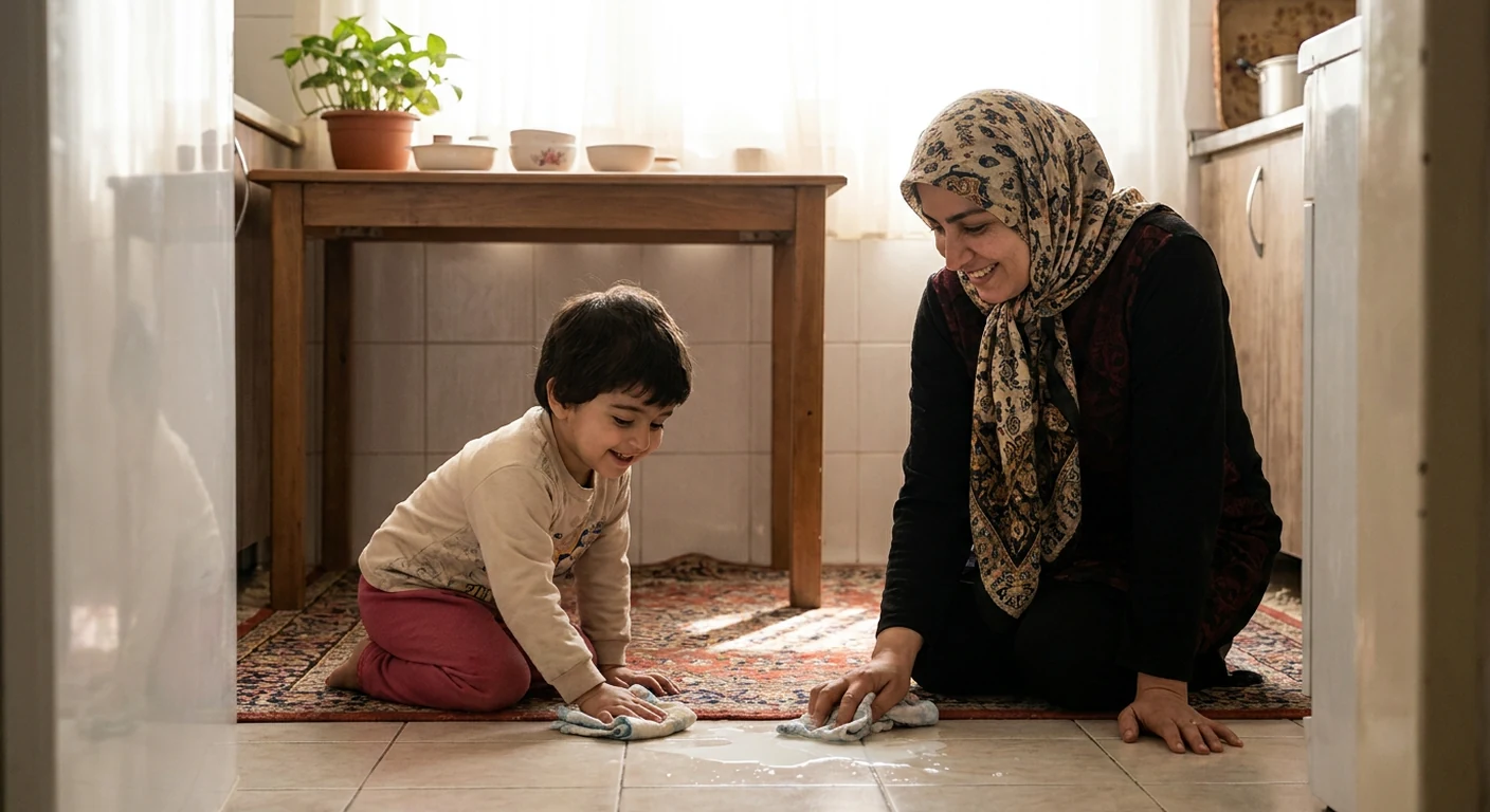 مادری که پس از ریختن شیر روی زمین، با آرامش و با کمک فرزند خردسالش در حال تمیز کردن آن است.