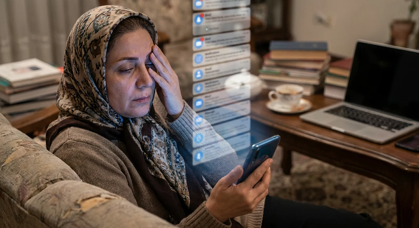 تصویری مفهومی از فردی که تحت فشار فرهنگ تلاش بیوقفه و اعلانهای دائمی قرار گرفته است.