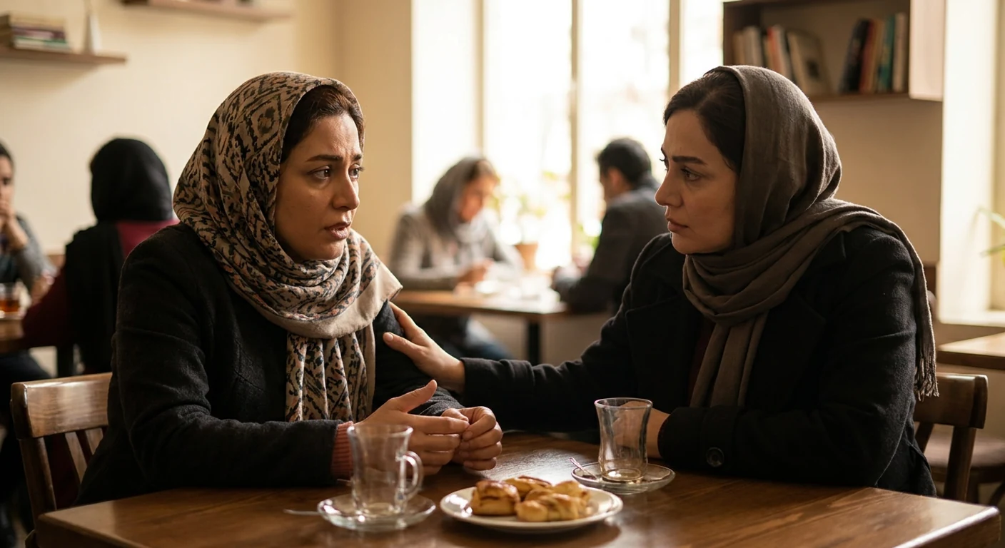 دو دوست که در یک کافه با یکدیگر صمیمانه گفتگو میکنند و یکی از آنها با همدلی به حرفهای دیگری گوش میدهد.