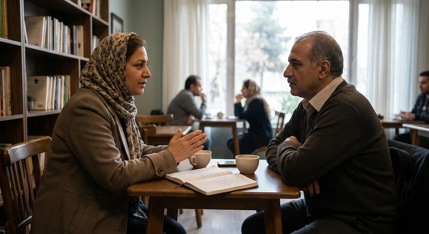 دو نفر در حال صحبت در یک محیط آرام و تعیین مرزهای سالم در یک کافه