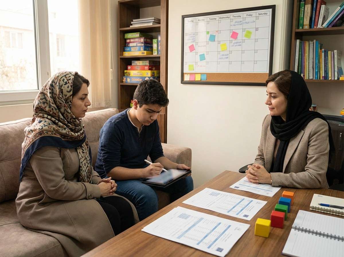 یک تقویم هفتگی روی دیوار با برچسب‌های رنگی برای وظایف مختلف، نماد ایجاد ساختار برای کودک ADHD.