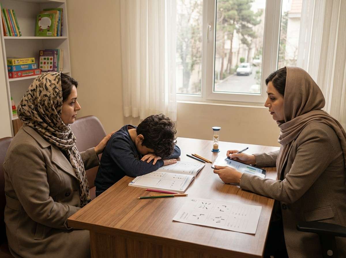 کودکی که به دلیل ناتوانی در تمام کردن تکلیفش، با ناامیدی سرش را روی میز گذاشته است.