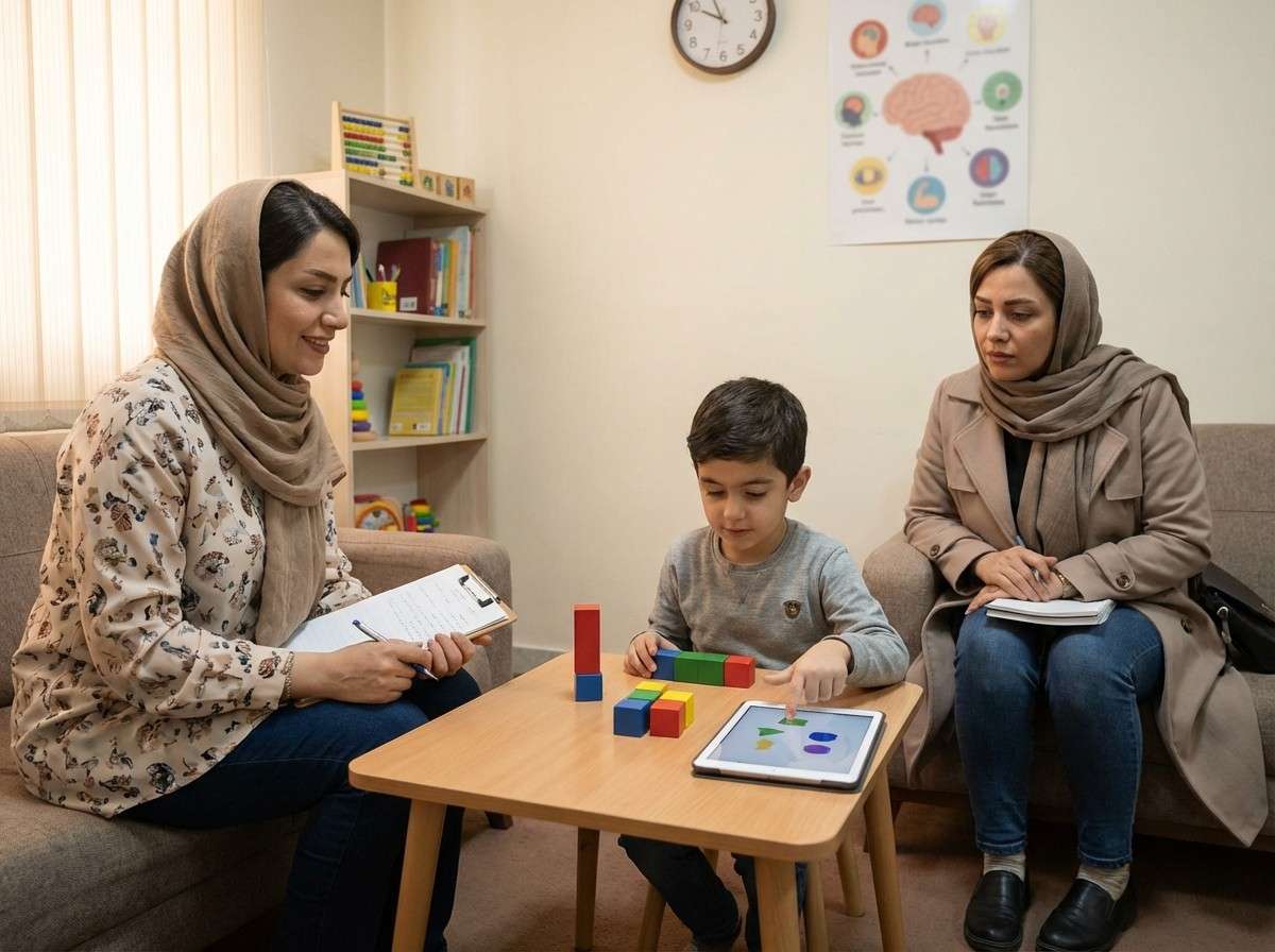 یک متخصص روان‌سنج در حال اجرای یک آزمون شناختی با یک کودک در محیطی آرام و دوستانه.