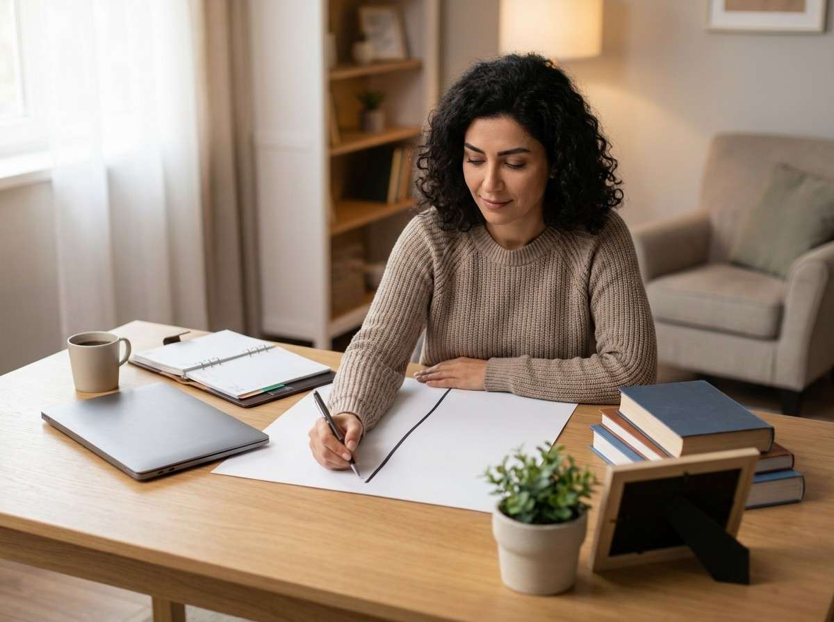 فردی در حال ترسیم یک خط مشخص بین فضای کاری و فضای شخصی خود، نماد مرزبندی سالم.