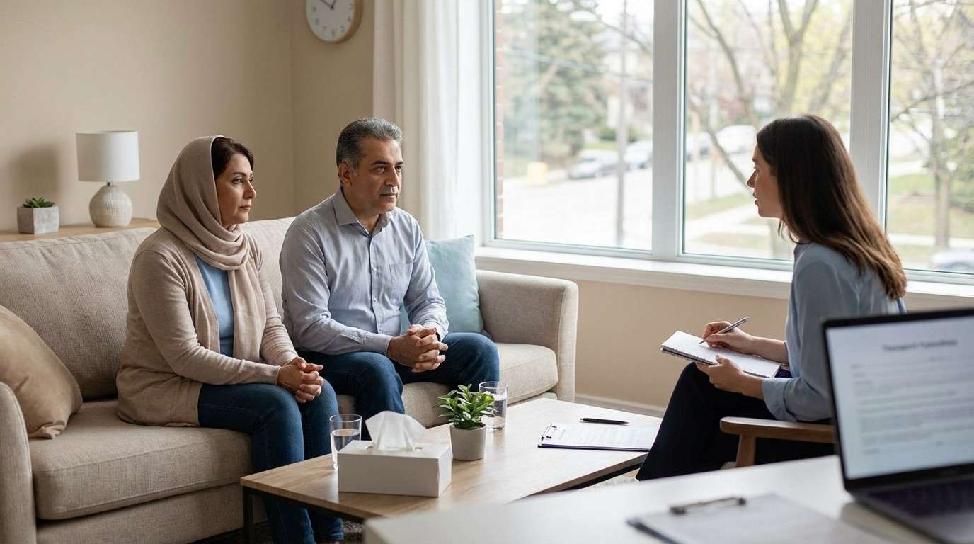 یک زوج در حال گفتگو در فضایی آرام و امن، که نماد بازسازی ارتباط از طریق زوج‌درمانی است.