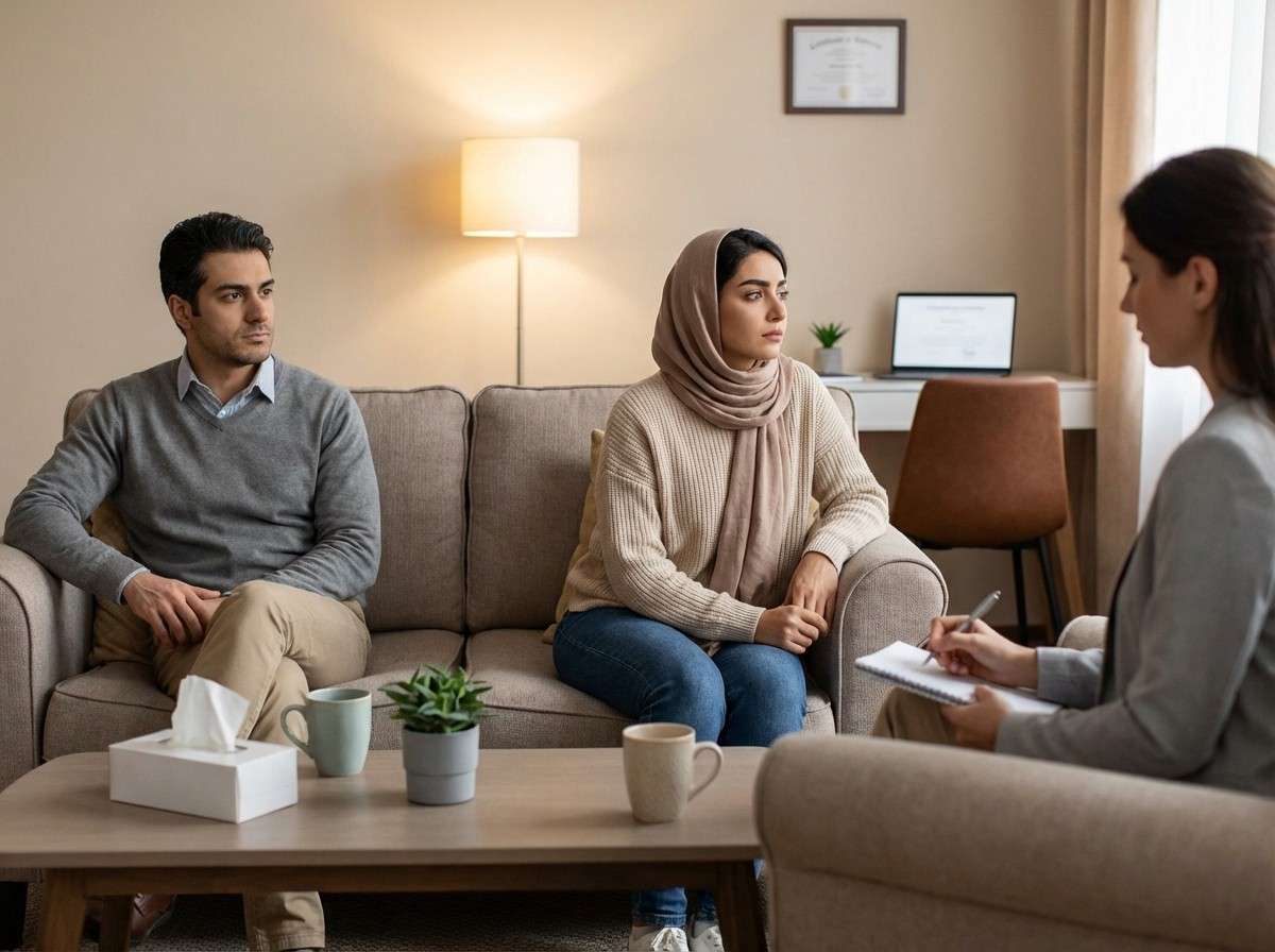 زوجی که روی مبل نشسته‌اند و هر کدام به سمتی دیگر نگاه می‌کنند، نمادی از فاصله عاطفی.