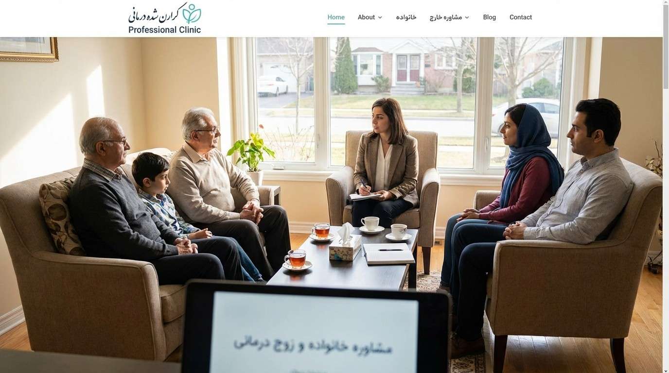 خانواده‌ای متشکل از نسل‌های مختلف که در یک فضای آرام با هم گفتگو می‌کنند، نماد سلامت و پویایی سیستم خانواده.