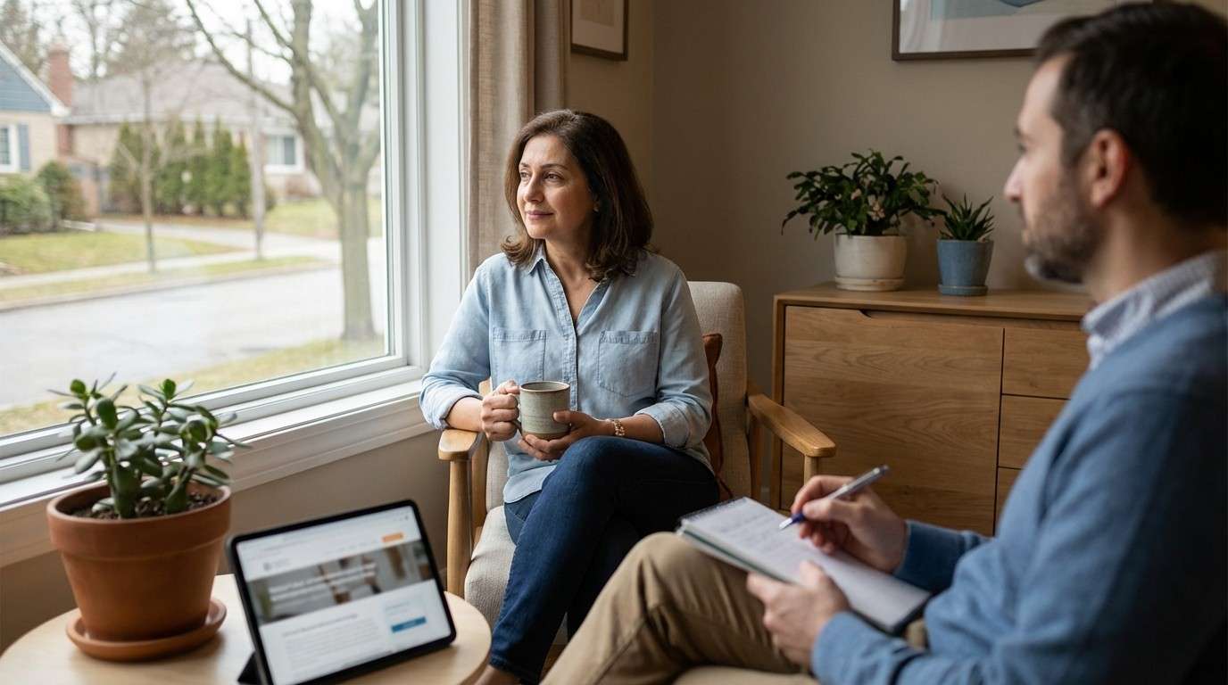 فردی که در یک فضای آرام و روشن در حال تأمل است، نماد سفر خودشناسی در روان‌درمانی فردی.