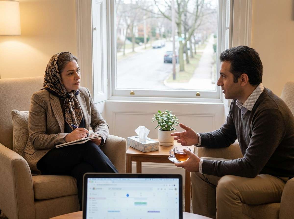 دو نفر در حال گفتگوی همدلانه در یک محیط آرام، نماد رابطه درمانی امن