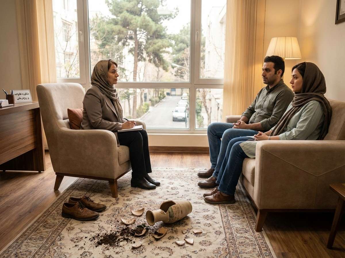 یک گلدان شکسته روی زمین که تکه‌های آن پراکنده شده است، نمادی از اعتماد از هم پاشیده پس از خیانت.