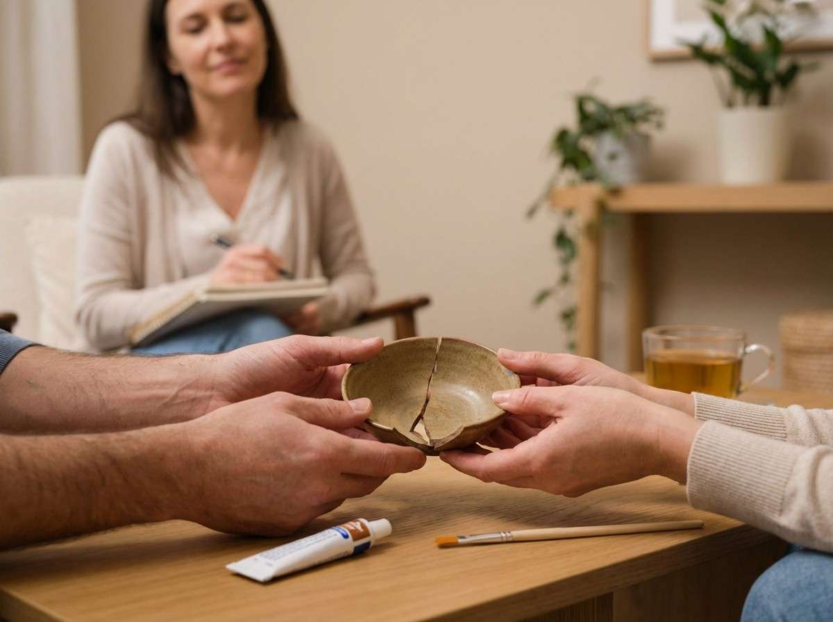 دو دست که با دقت در حال چسباندن تکه‌های یک ظرف سفالی شکسته به یکدیگر هستند، نماد فرآیند دشوار بازسازی اعتماد.