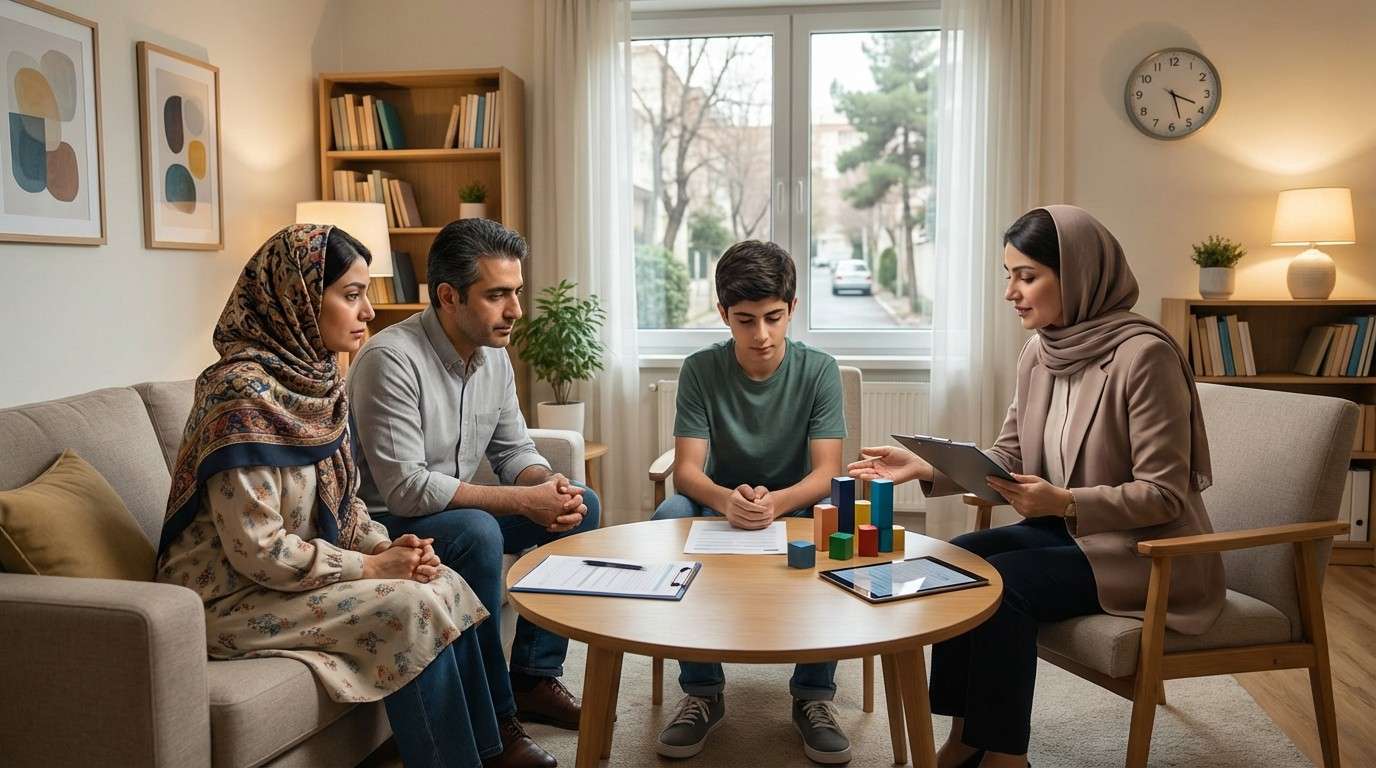 والدی که با درماندگی به فرزند خود نگاه می‌کند، نمادی از چالش‌های والدگری و نیاز به کمک تخصصی.